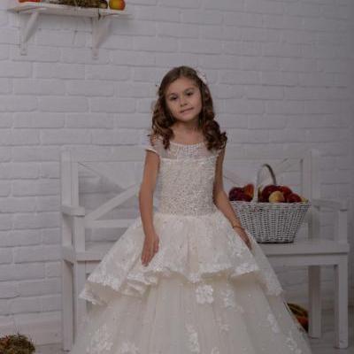 Flower girl dress,Princess Beads Lace Appliques Ball Gown Flower Girl Dresses Scoop Little Girl Birthday Party Gowns First Communion Dress for Girls