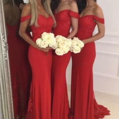 Red Lace Spandex Prom Dresses 2018 Off The Shoulder Sweetheart Mermaid Sweep Train Bridesmaid Dresses Formal Party Evening Prom Gowns