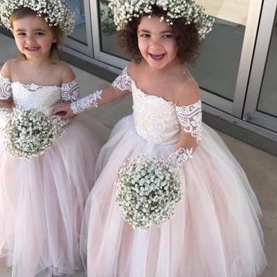 Flower Girl Dress Light Pink Flower Girl Dresses 2018 Lace Appliques Ball Gown Long Sleeves Girls Pageant Dress Girls Formal Wedding Birthday Gowns