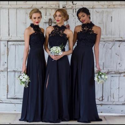 2018 Lace Elegant A-line Halter Dark Navy Chiffon Long Bridesmaid Dress With Slit