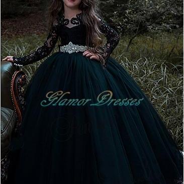 Flower Girl Dress, 2018 Marvelous Black Tulle Jewel Neckline Long Sleeves Ball Gown Flower Girl Dresses With Lace Appliques Girls Wedding Prom Party Gowns