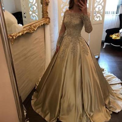 Gold Prom Dresses with Long Sleeves Elegant Lace Appliques Evening Dress Ball Gown Vestido de Festa Longo 2018