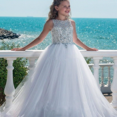 Flower Girl Dress, New White Shining Beads Princess Flower Girl Dresses, Girl Wedding Party Gowns,White Girls Pageant Dress, Girls Formal Party Prom Gowns