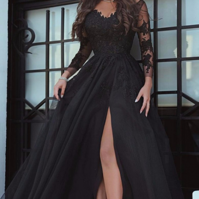 Black Prom Dress, Floor Length Prom Dresses, Lace Applique Prom Dress,Fashion A-Line Long Sleeves Split Front Black Long Prom Dress
