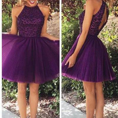 2016 Sexy Open Back Halter Purple Beaded Homecoming Cocktail Dresses Short Prom Dresses Junior Prom Dress Junior Homecoming Dress