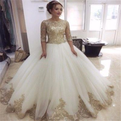 2016 Charming White/Ivory with Gold Appliques Wedding Dress Sexy Half Sleeves Lace-up Back Ball Gown Vestido De Noiva Casamento Ball Gown Wedding Dresses
