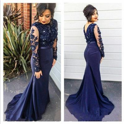 Navy Blue Prom Dresses,2017 Prom Dress,Lace Appliques Prom Dress,Mermaid Prom Dresses,2017 Formal Gown,Mermaid Evening Gowns,Navy Blue Long Train Evening Dress,Long Sleeves Evening Gowns