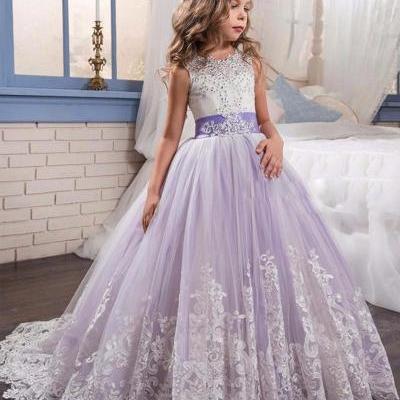 Beading Ball Gown Lace Flower Girl Dresses Fashion Purple and White Appliques Girls Communion Dress Kids Christmas Dress.Flower Girl Dresses.High Flower Girl Dresses.