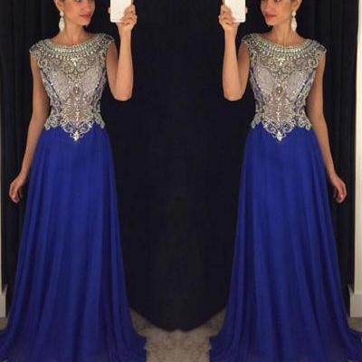 2017 New Gorgeous Scoop Neck A Line Sparkly Crystal Beaded Long Chiffon Prom Dress See Through Back Formal Party Gown Evening Dresses