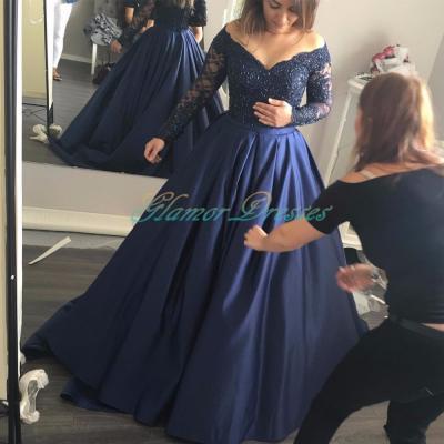 2017 Sexy Lace Long Sleeve Prom Dresses with V Neckline Navy Blue Satin Prom Dress with Beadings Puffy Formal vestidos de gala largos Formal Party Gown Evening Dresses Custom Made