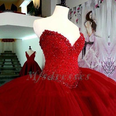 Luxury Heavy Beading Red Quinceanera Dresses 2017 Long Puffy Ball Gown Crystal Sweetheart Tulle Vestidos De 15 Prom Dress For Girls Red Ball Gown Prom Dresses