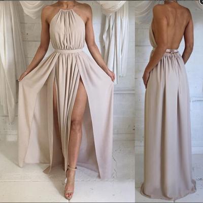 White Chiffon Side Slit Prom Dress, Halter Backless A Line Prom Dress, Long Party Dress, Formal Dresses, Homecoming Dress, Prom Dress for Teens,Sexy Prom Dresses