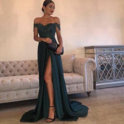 2017 Evening Dress Party A-Line Hunter Green High Split Side Slit Lace Top Sexy Off Shoulder Prom Dress