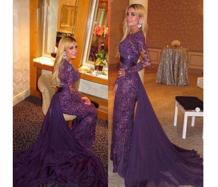 purple long sleeve evening gown