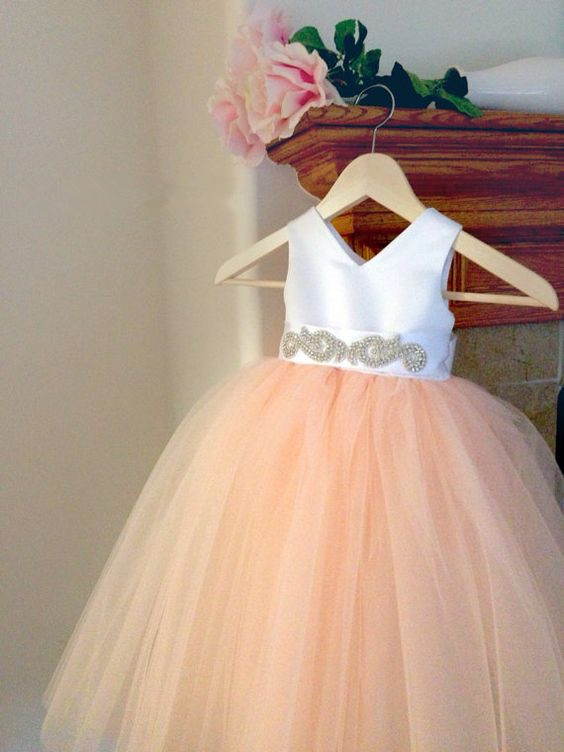 white and peach flower girl dresses