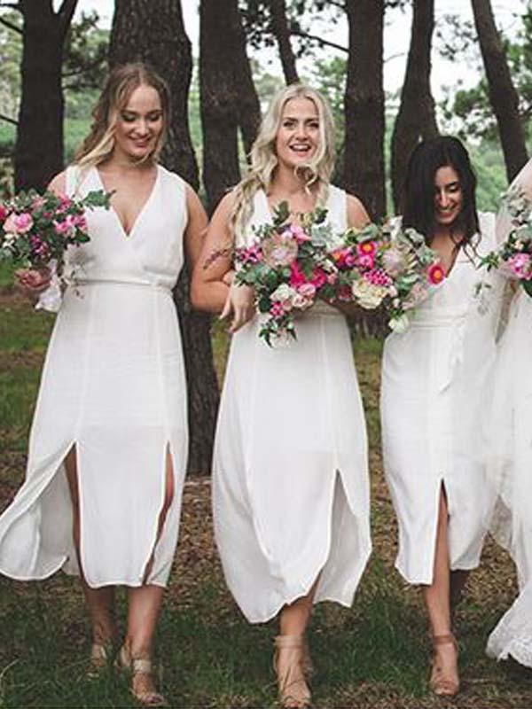 White Bridesmaid Dresses Beach Bridesmaid Gowns Popular V Neck