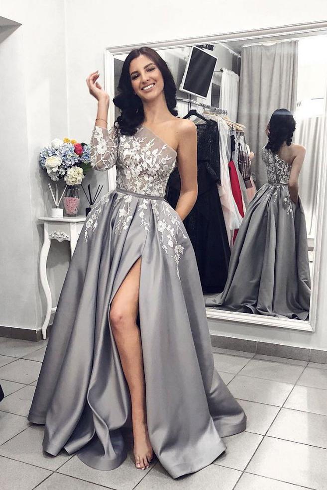 Gray One Shoulder Long Prom Dress 2019 