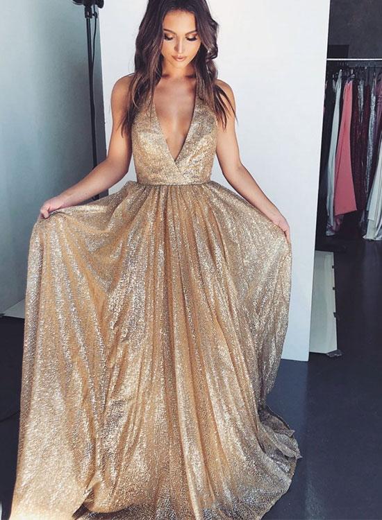 gold v neck prom dress