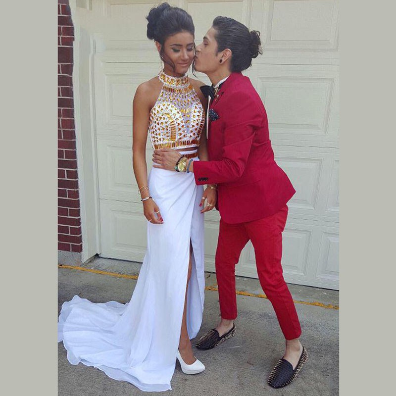 red and gold long prom dresses