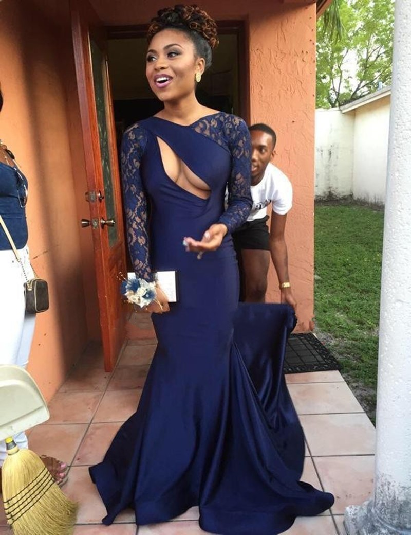 Navy Blue Lace Prom Dress