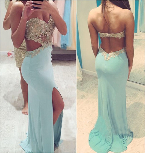 blue backless prom dress