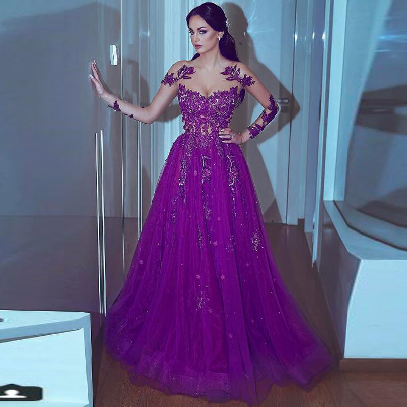 purple long sleeve evening gown