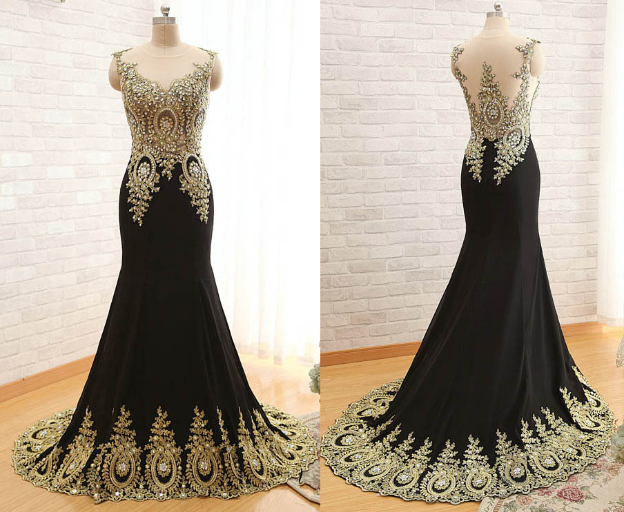 black prom dress with gold sequins