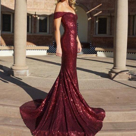 2018 Off The Shoulder Formal Dress Burgundy Sequin Prom Dress on Luulla